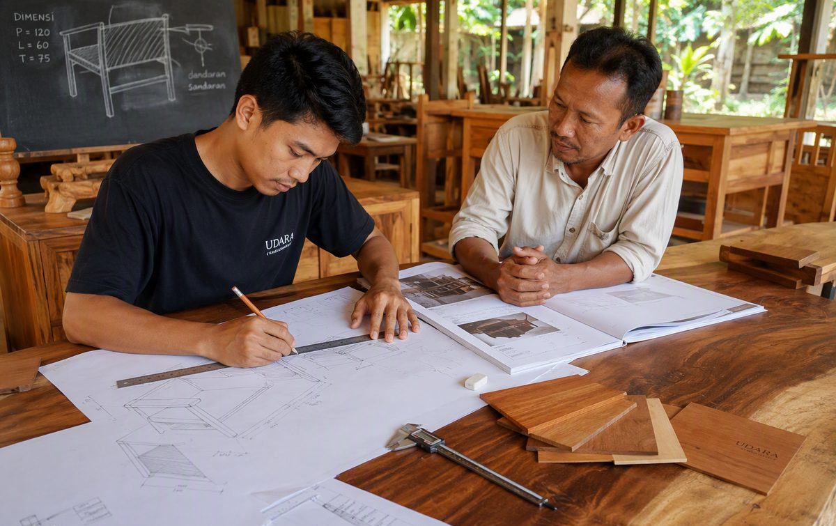 Pengrajin mengukur dan membuat sketsa desain furniture custom di workshop